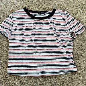 Pink, white, and black striped cropped-t
